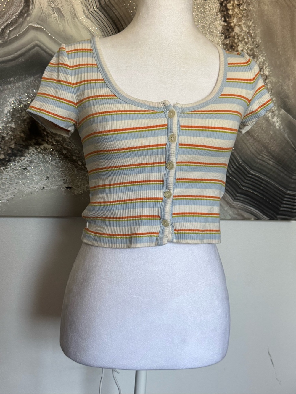 Urban Outfitters Cream Ribbed Crop Top with Orange and Yellow Stripes